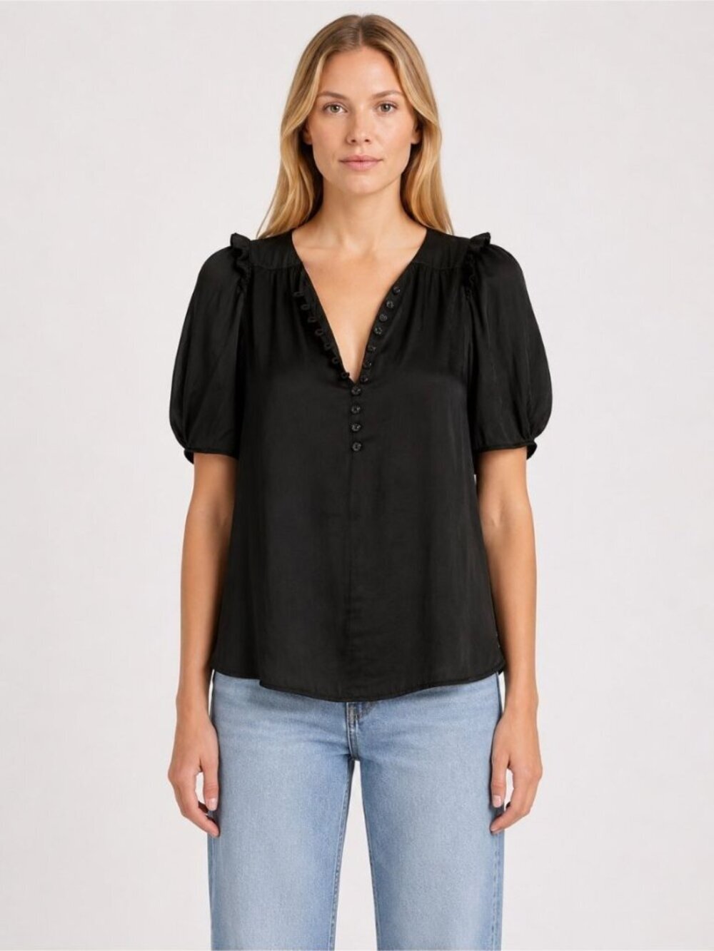 Zadig & Voltaire Twisty Satin Black Ruffle Blouse Top size XS short sleeves